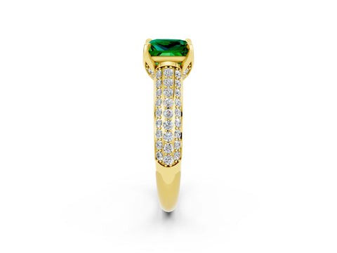 Yellow gold Princess Cut Emerald Solitaire Ring with Three-Row Pavé Band and Four-Prong Setting_14