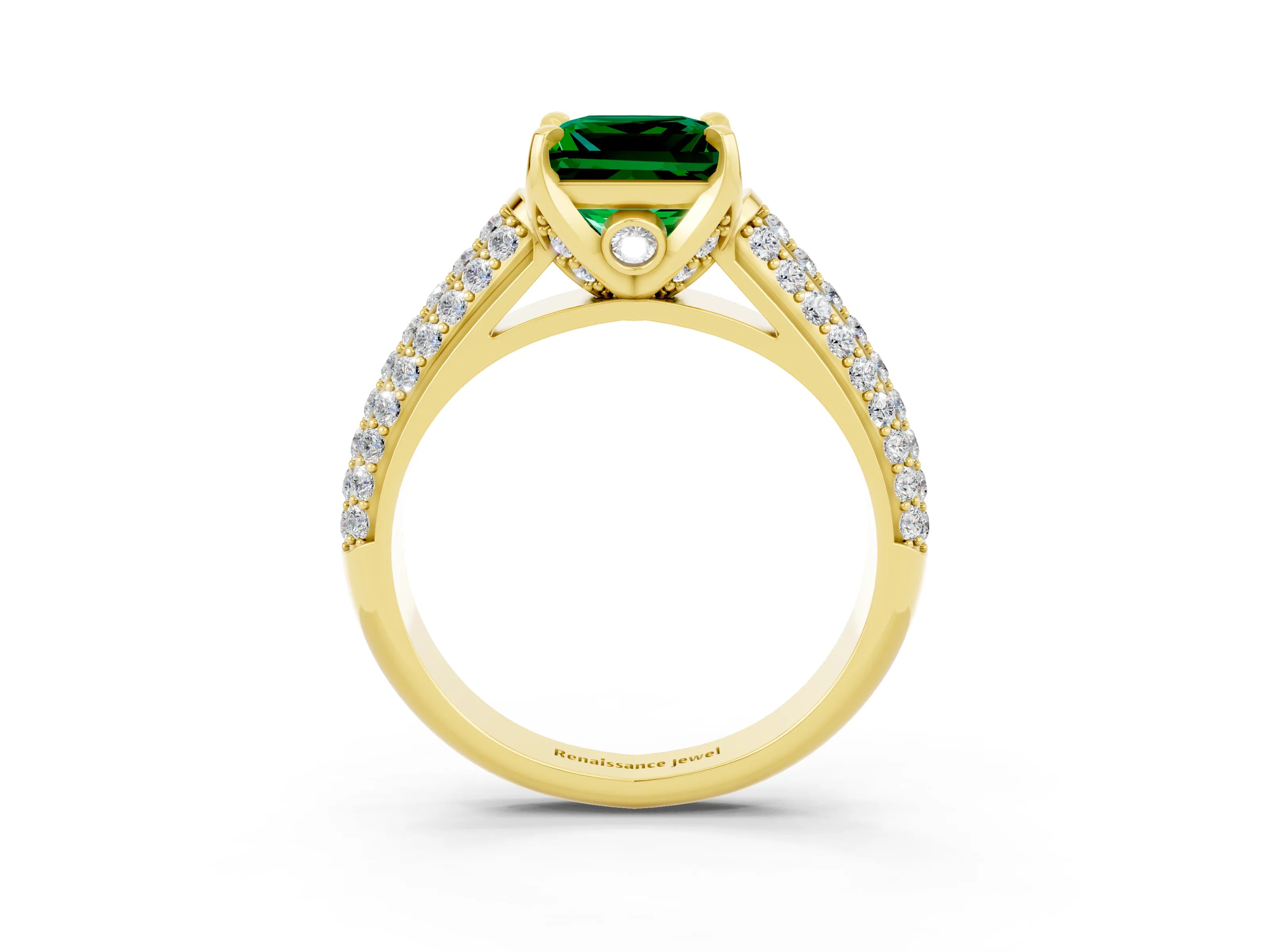Yellow gold Princess Cut Emerald Solitaire Ring with Three-Row Pavé Band and Four-Prong Setting_15