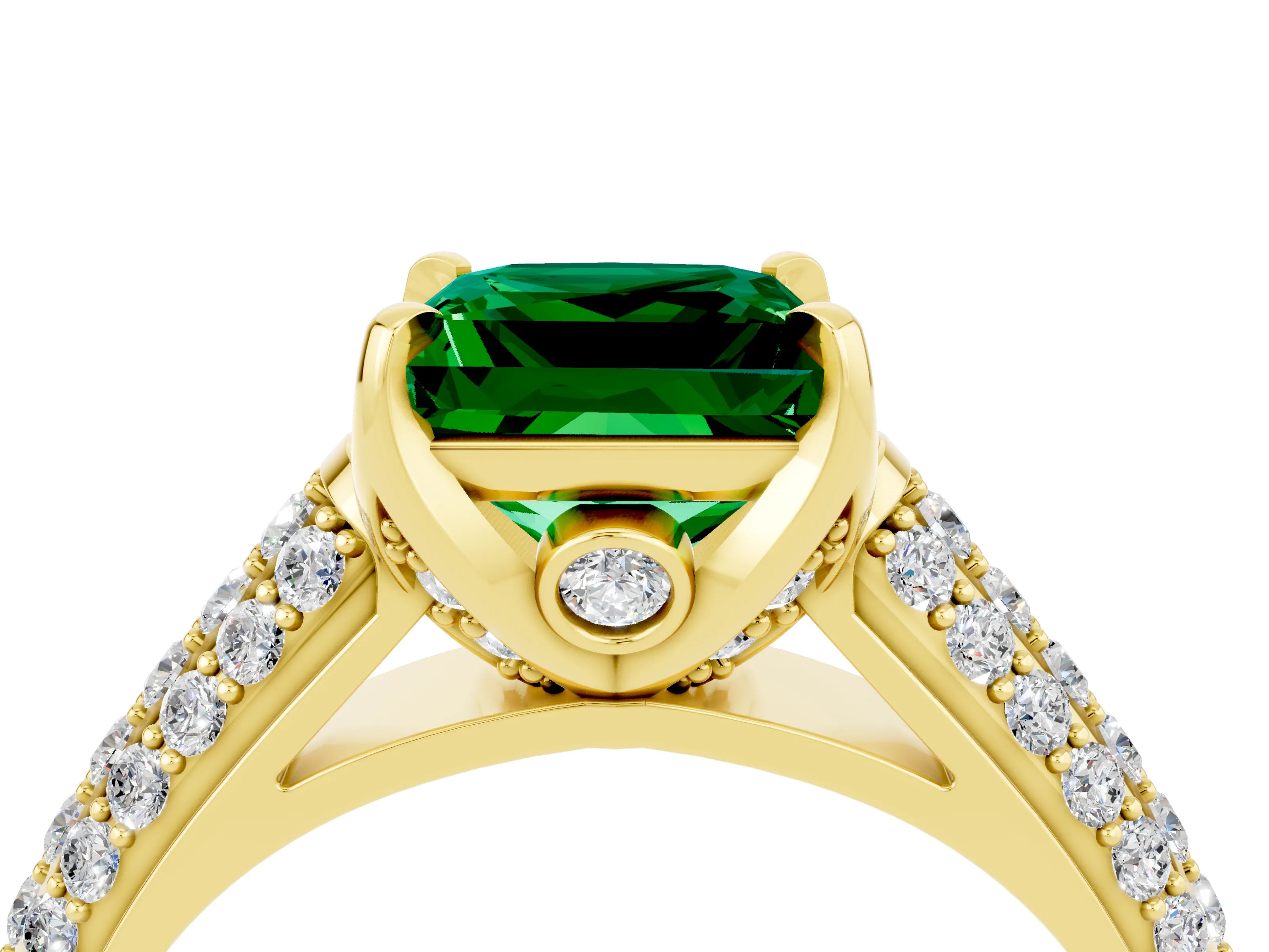 Yellow gold Princess Cut Emerald Solitaire Ring with Three-Row Pavé Band and Four-Prong Setting_16