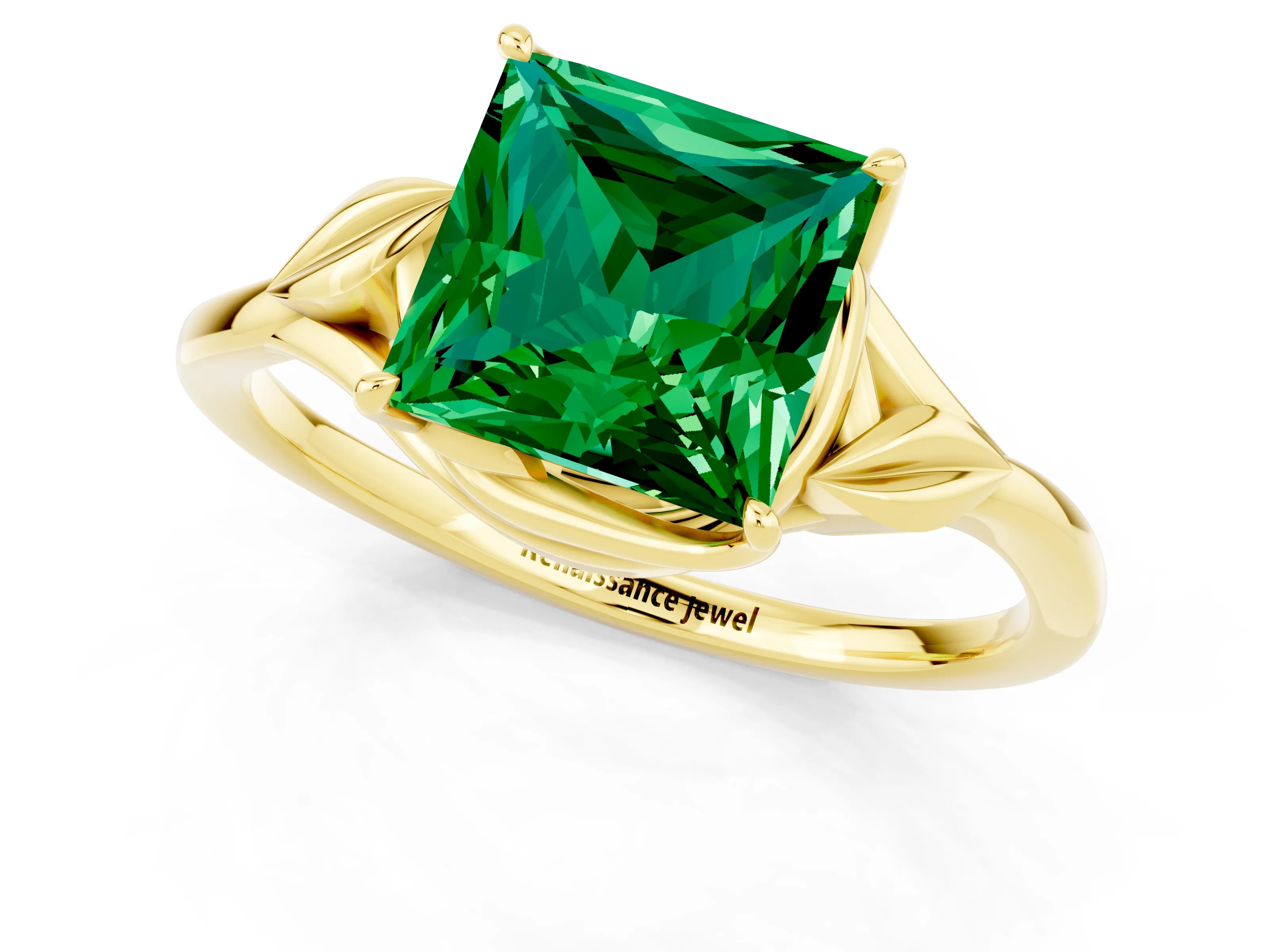 Yellow gold Princess Cut Emerald Solitaire Ring with Twist Band and Four-Prong Setting_25