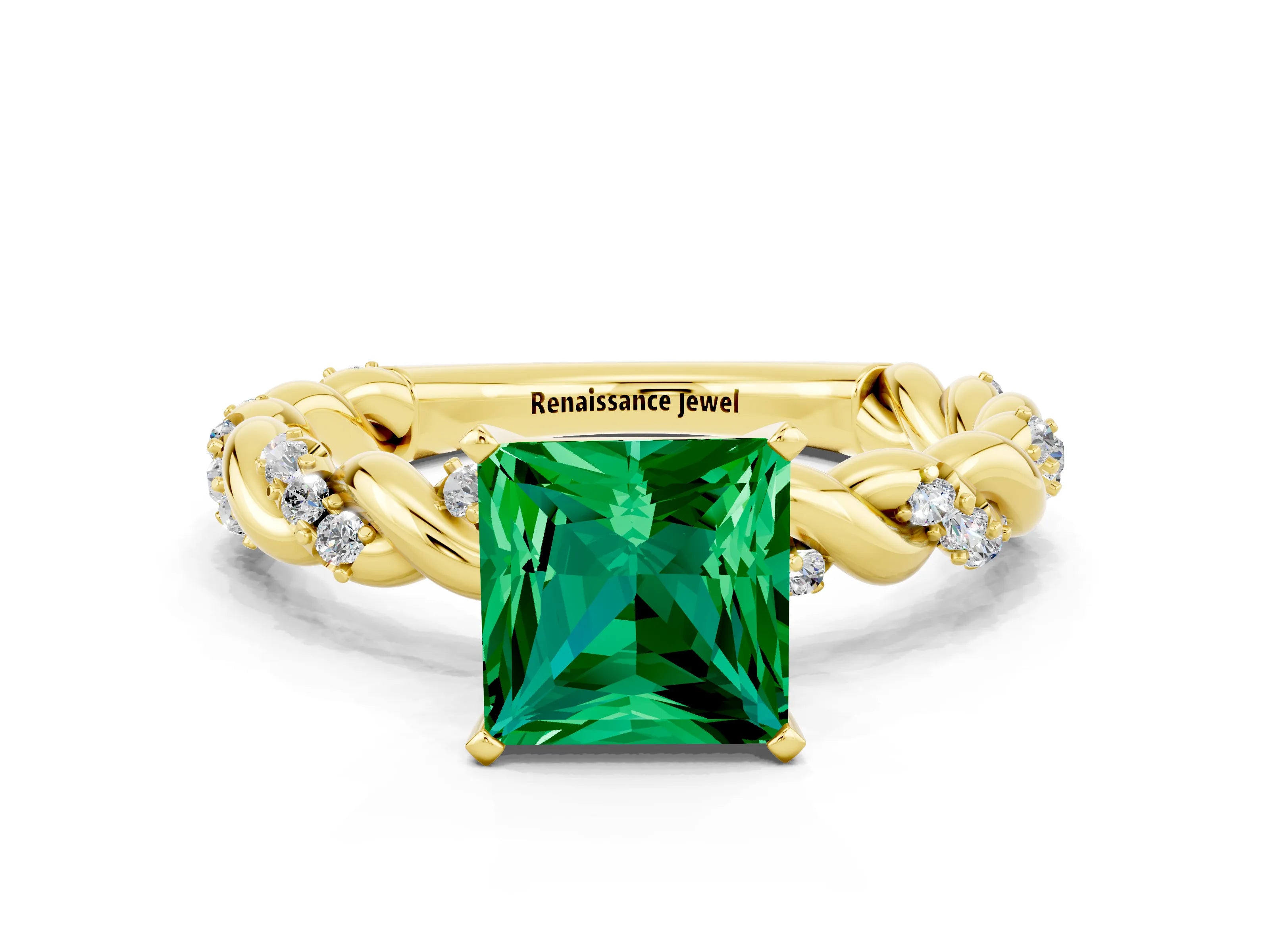 Yellow gold Princess Cut Emerald Solitaire Ring with Twisted Band and Pavé Accents