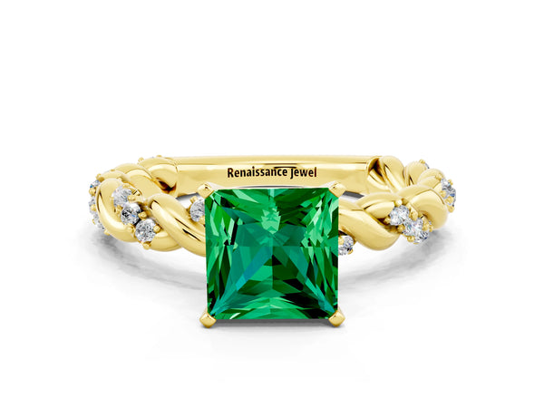 Yellow gold Princess Cut Emerald Solitaire Ring with Twisted Band and Pavé Accents