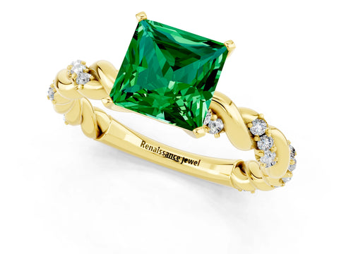 Yellow gold Princess Cut Emerald Solitaire Ring with Twisted Band and Pavé Accents_1
