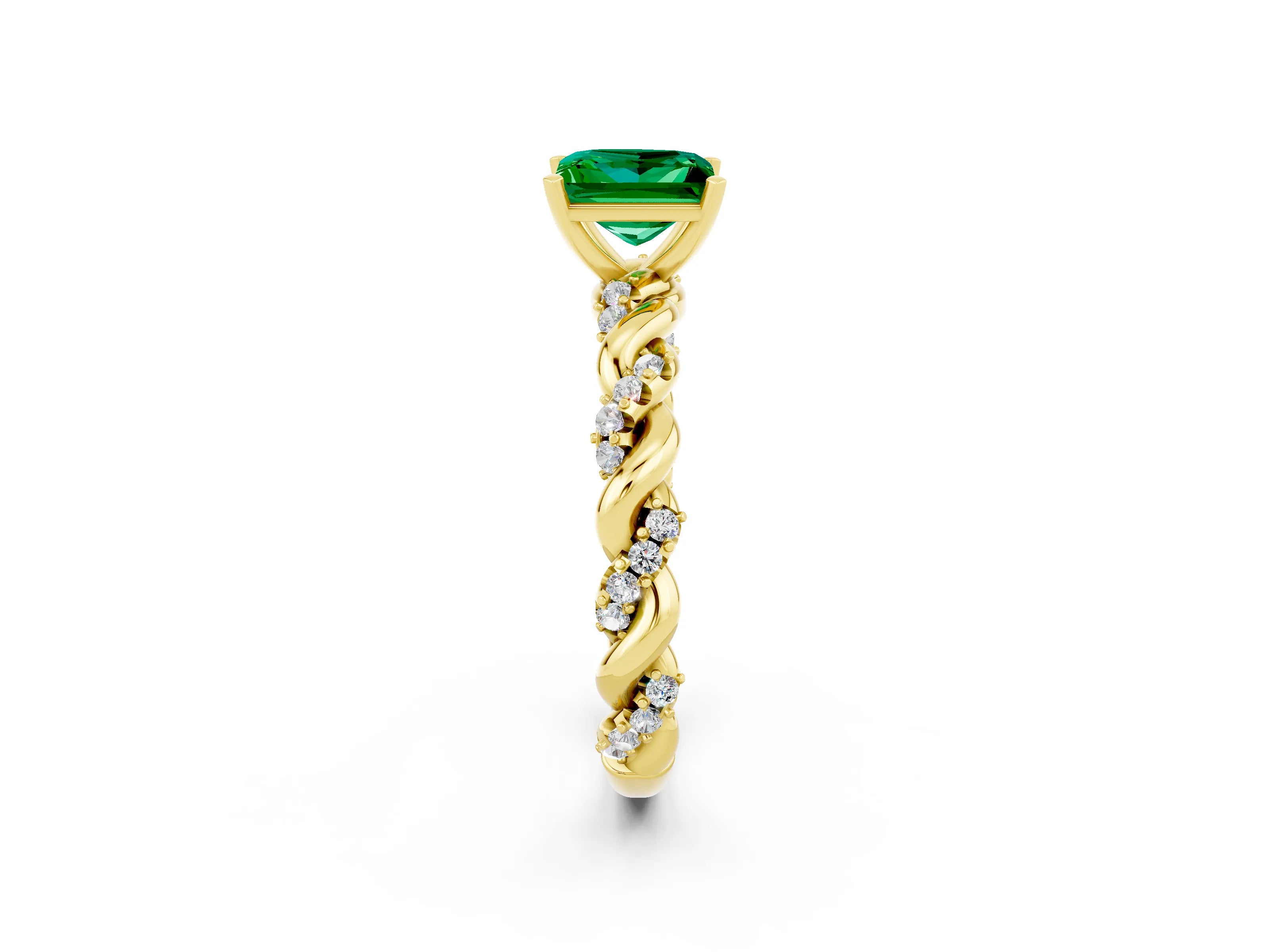 Yellow gold Princess Cut Emerald Solitaire Ring with Twisted Band and Pavé Accents_2