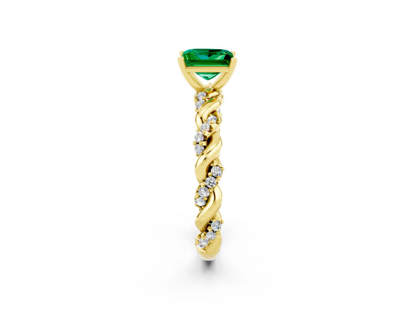 Yellow gold Princess Cut Emerald Solitaire Ring with Twisted Band and Pavé Accents