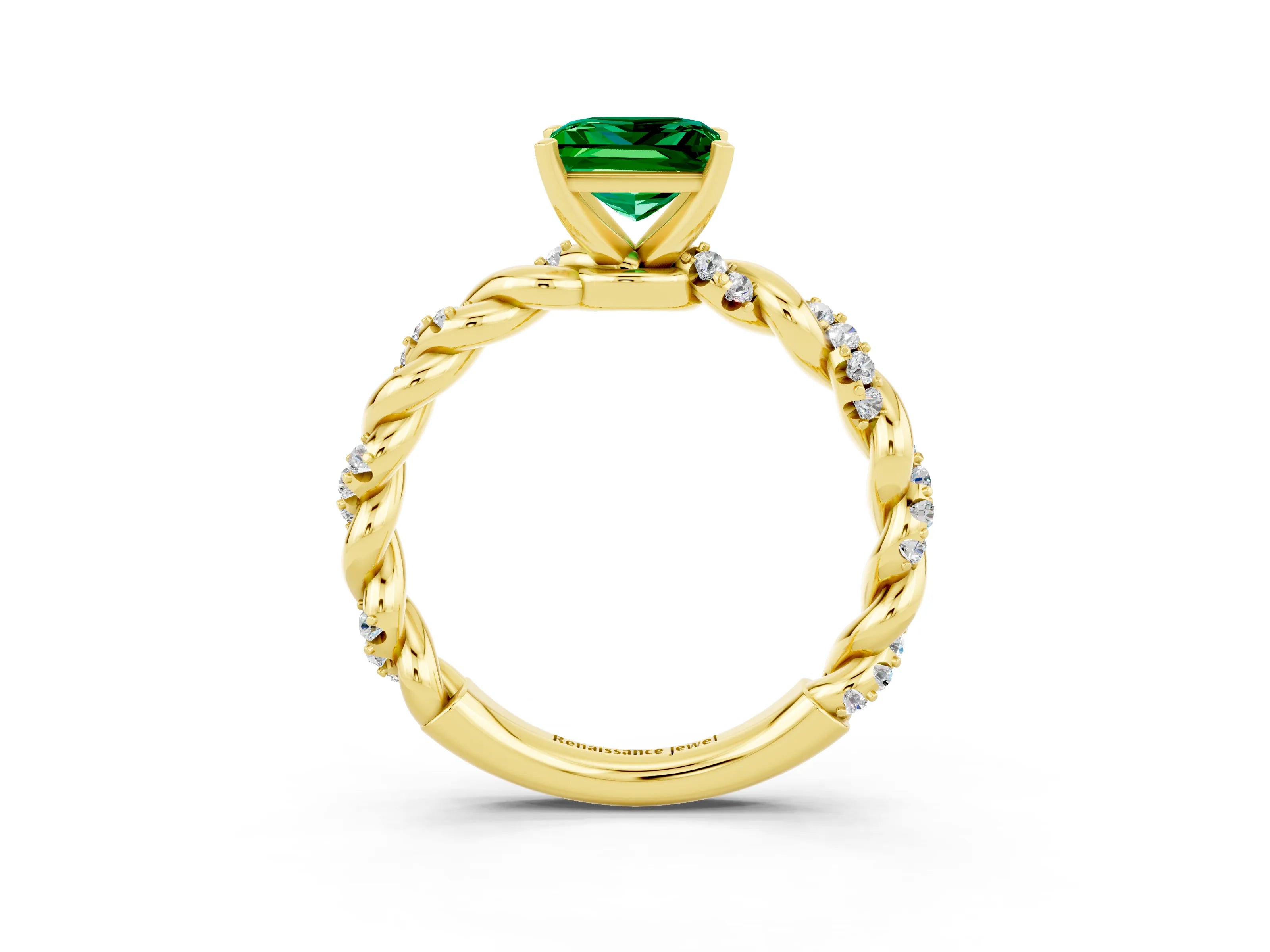 Yellow gold Princess Cut Emerald Solitaire Ring with Twisted Band and Pavé Accents_3