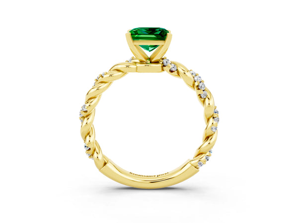 Yellow gold Princess Cut Emerald Solitaire Ring with Twisted Band and Pavé Accents