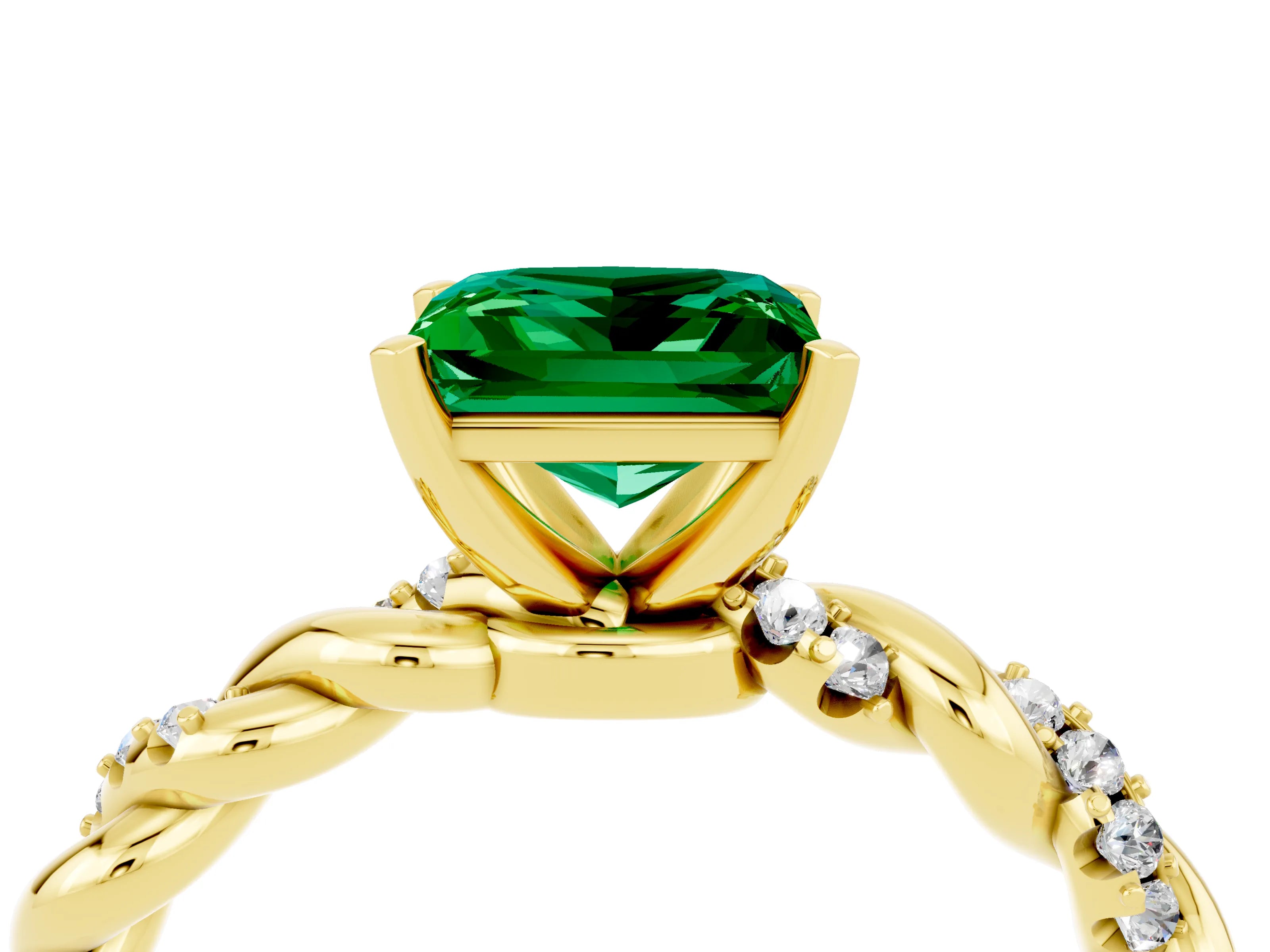 Yellow gold Princess Cut Emerald Solitaire Ring with Twisted Band and Pavé Accents_4