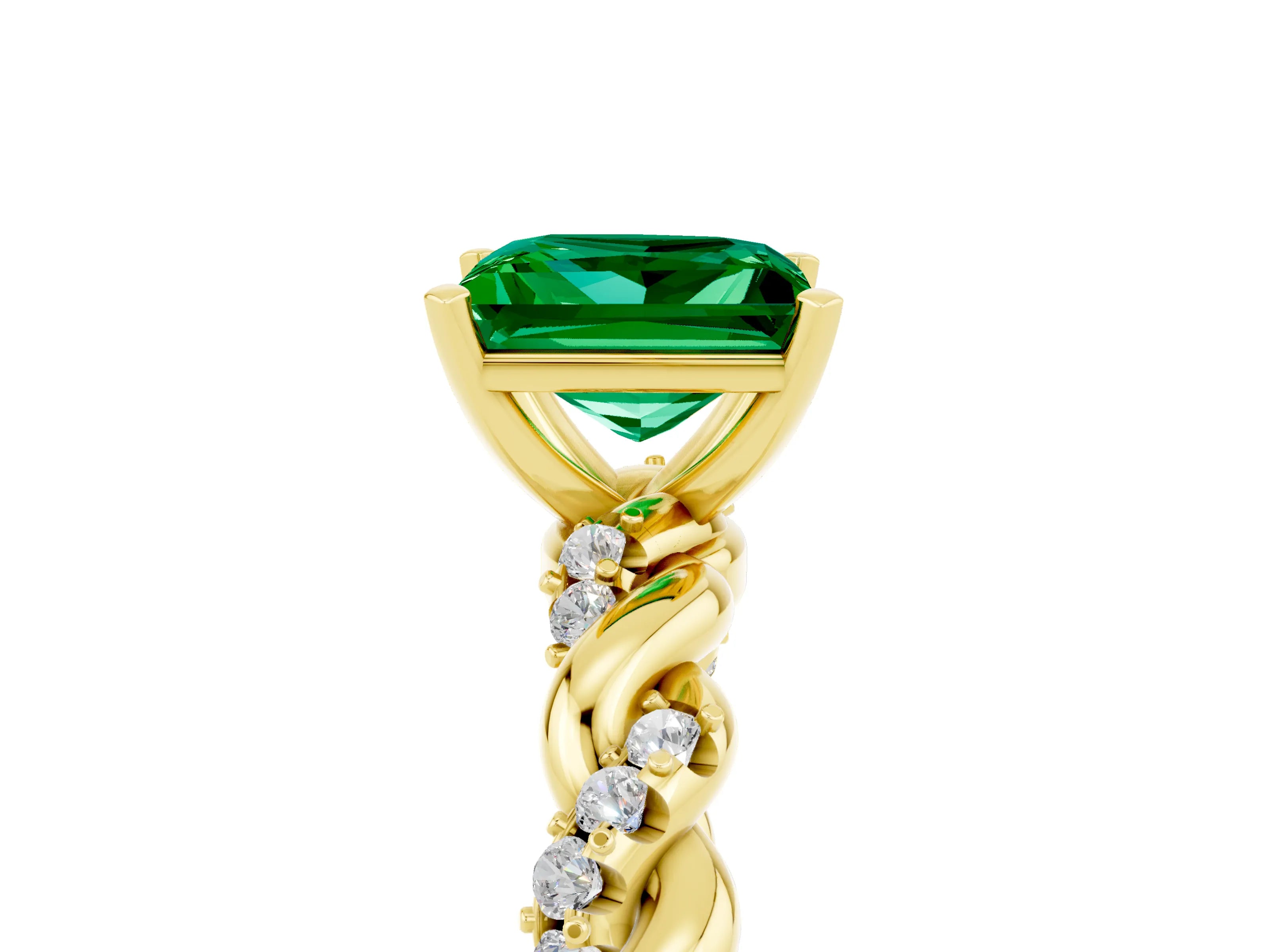 Yellow gold Princess Cut Emerald Solitaire Ring with Twisted Band and Pavé Accents_5