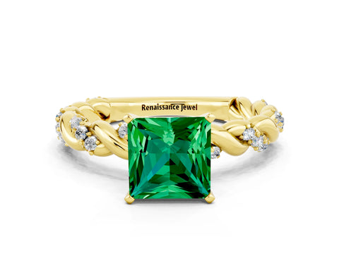 Yellow gold Princess Cut Emerald Solitaire Ring with Twisted Band and Pavé Accents