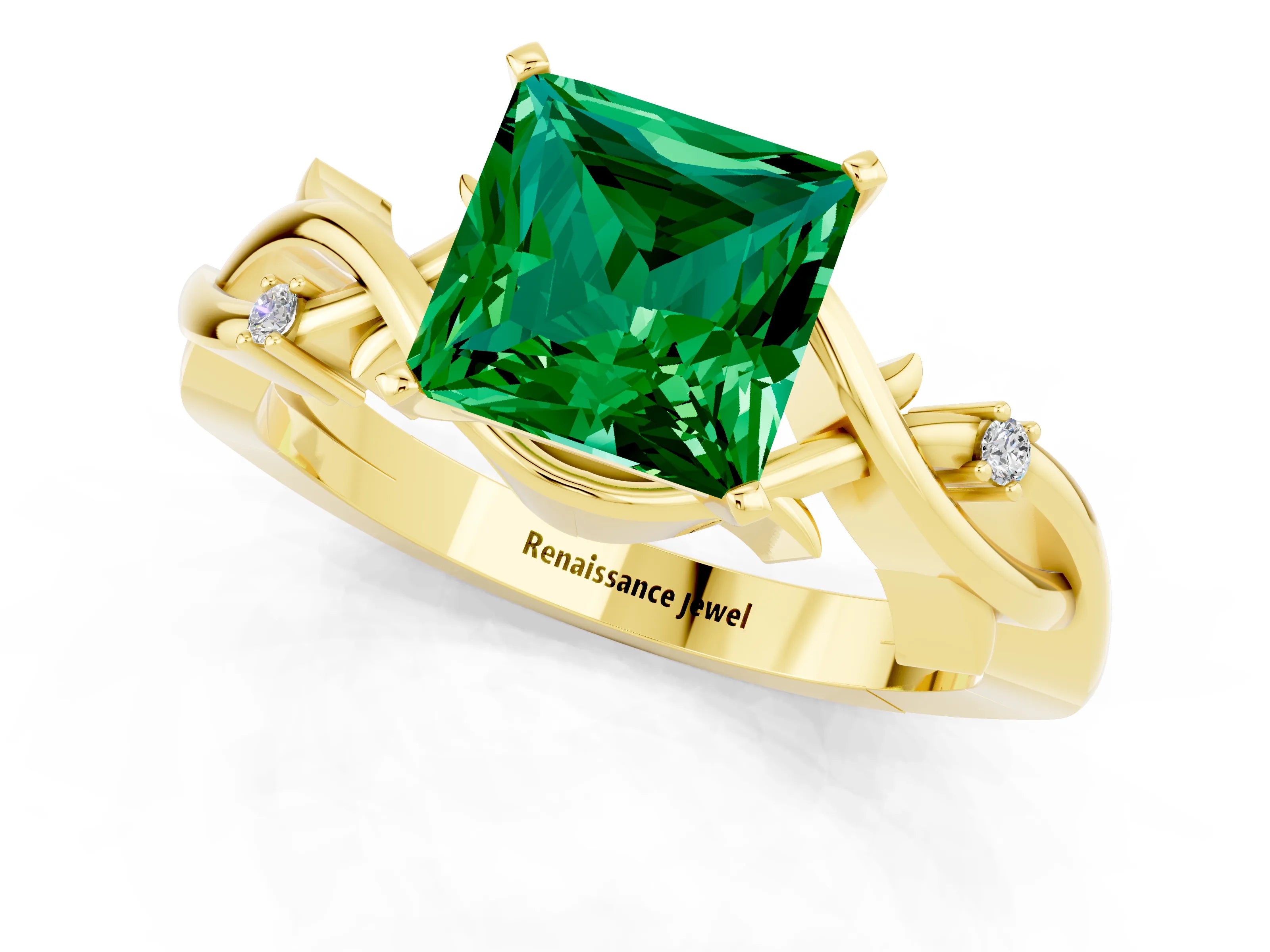 Yellow gold Princess Cut Emerald Solitaire Ring with Twisted Band and Prong Setting_1