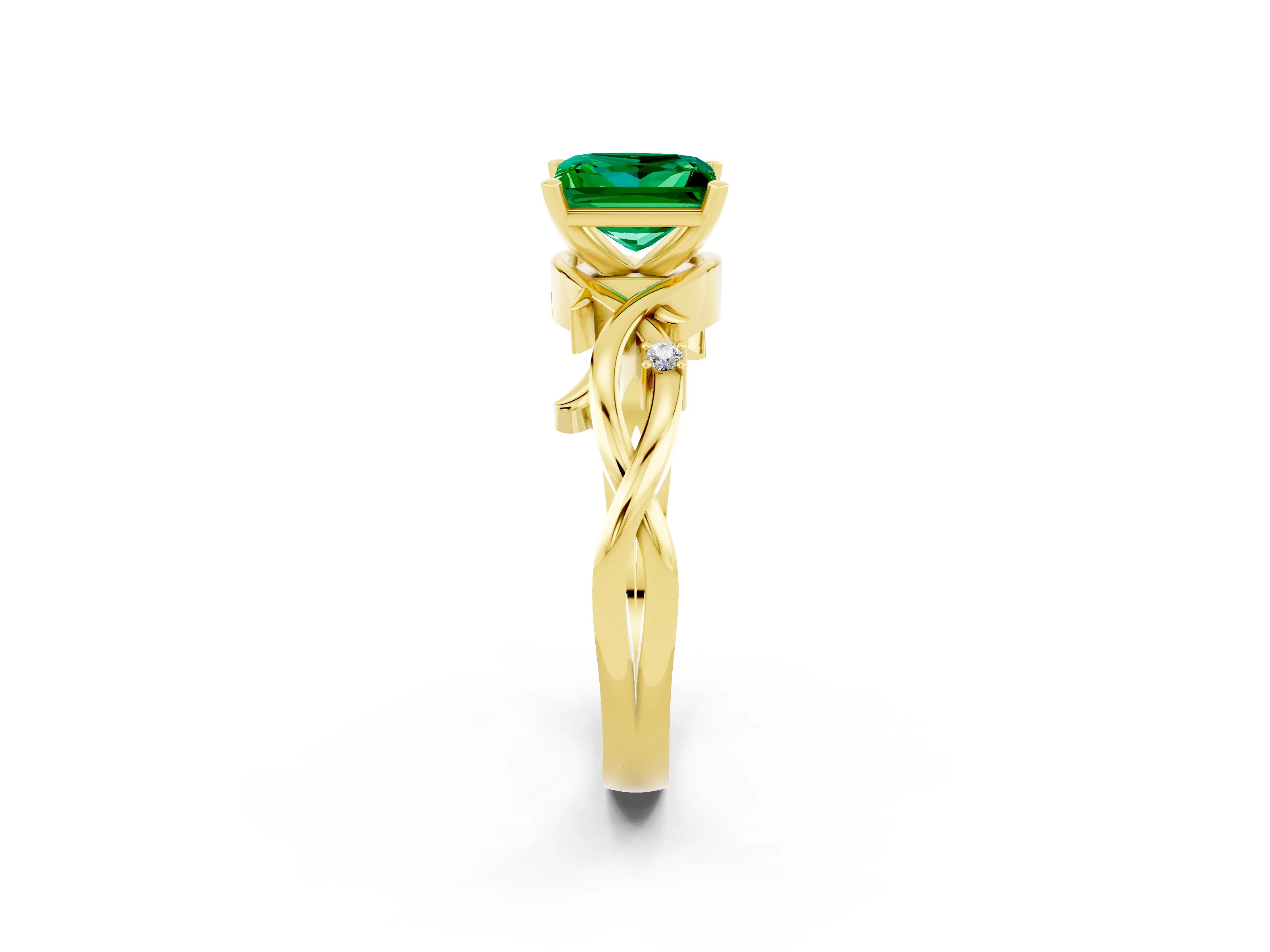 Yellow gold Princess Cut Emerald Solitaire Ring with Twisted Band and Prong Setting_2