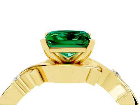 Yellow gold Princess Cut Emerald Solitaire Ring with Twisted Band and Prong Setting_4