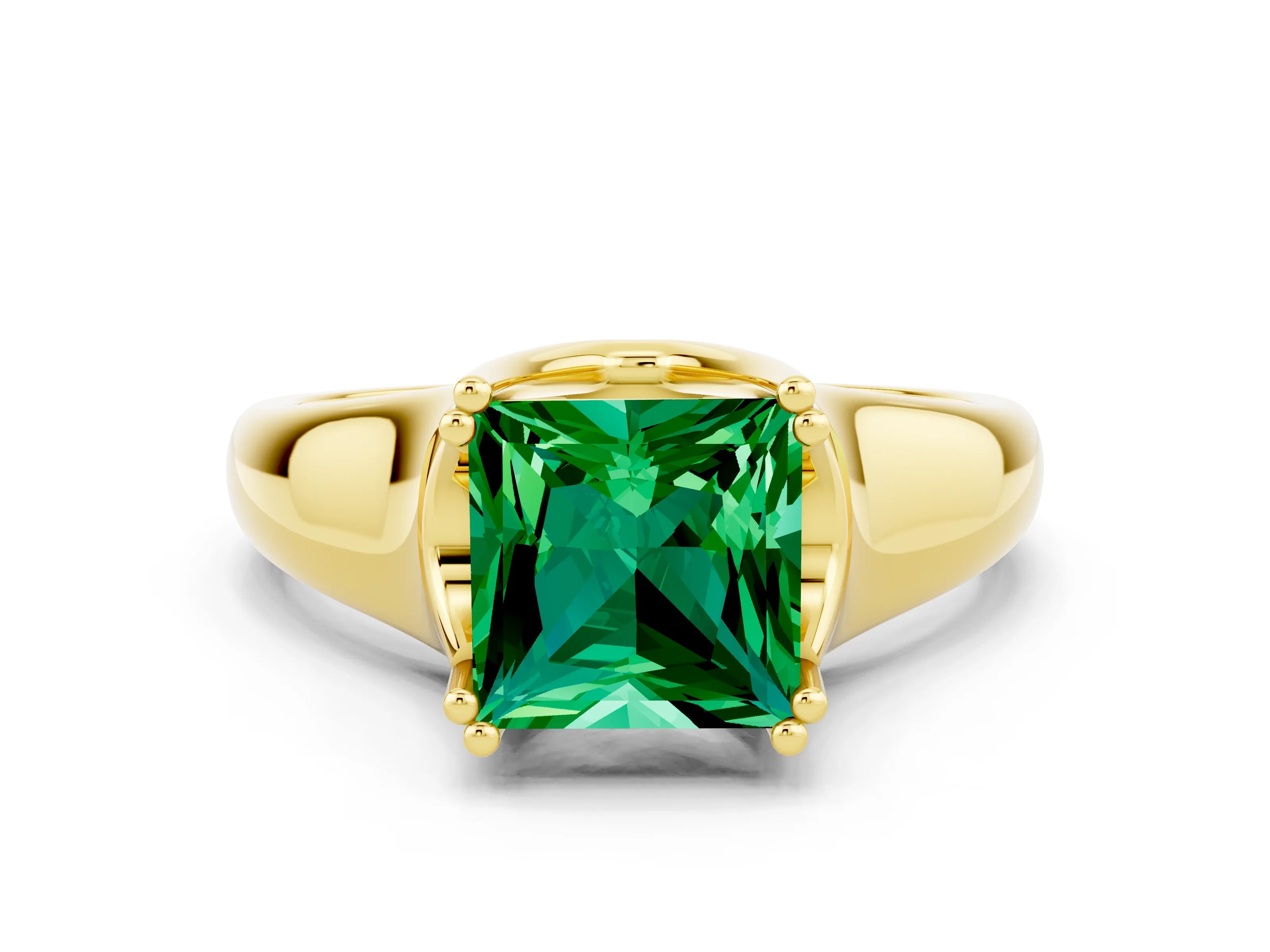Yellow gold Princess Cut Emerald Solitaire Ring with Wide Band and Prong Setting