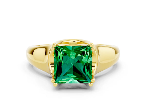 Yellow gold Princess Cut Emerald Solitaire Ring with Wide Band and Prong Setting
