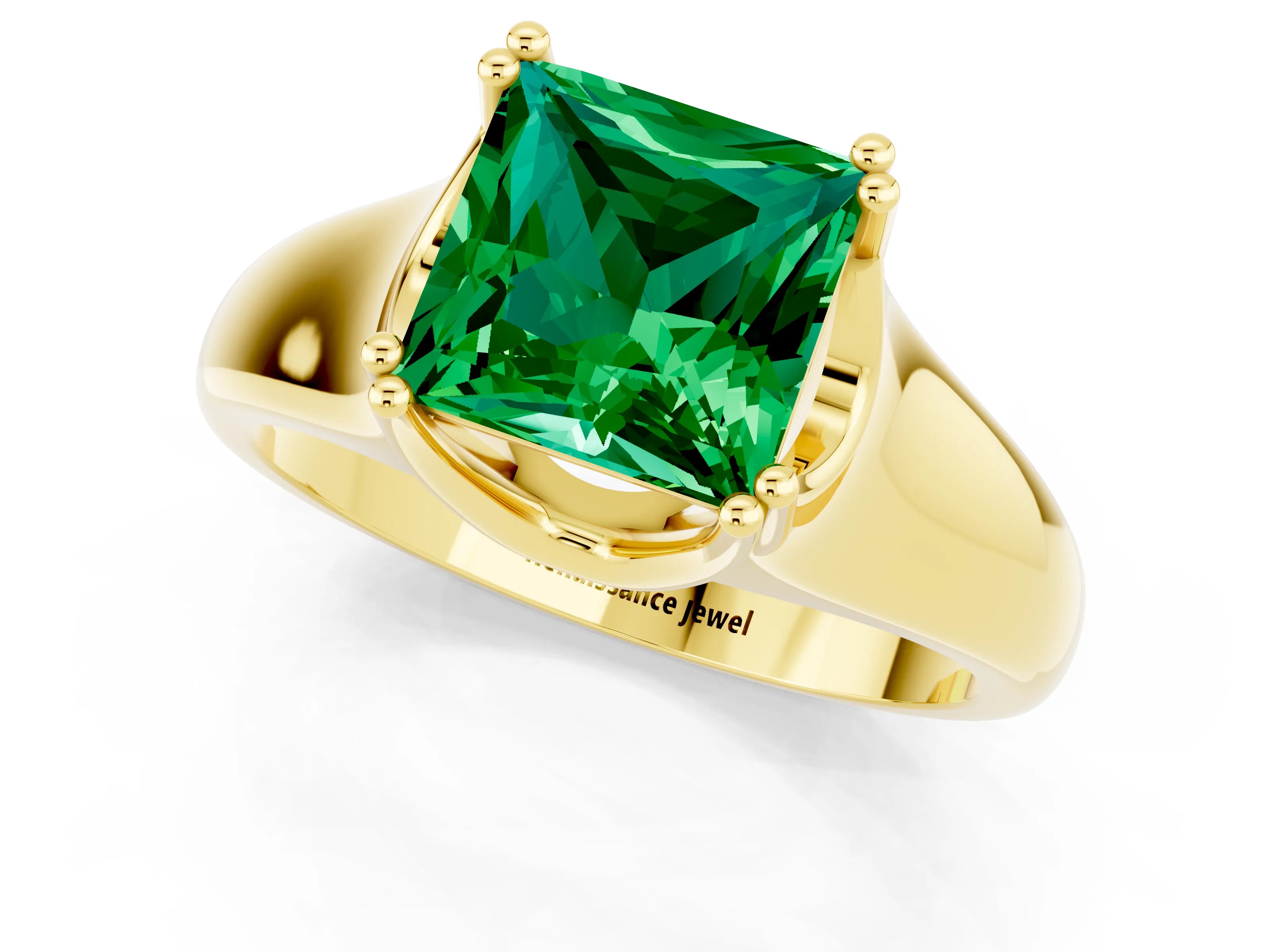 Yellow gold Princess Cut Emerald Solitaire Ring with Wide Band and Prong Setting_1