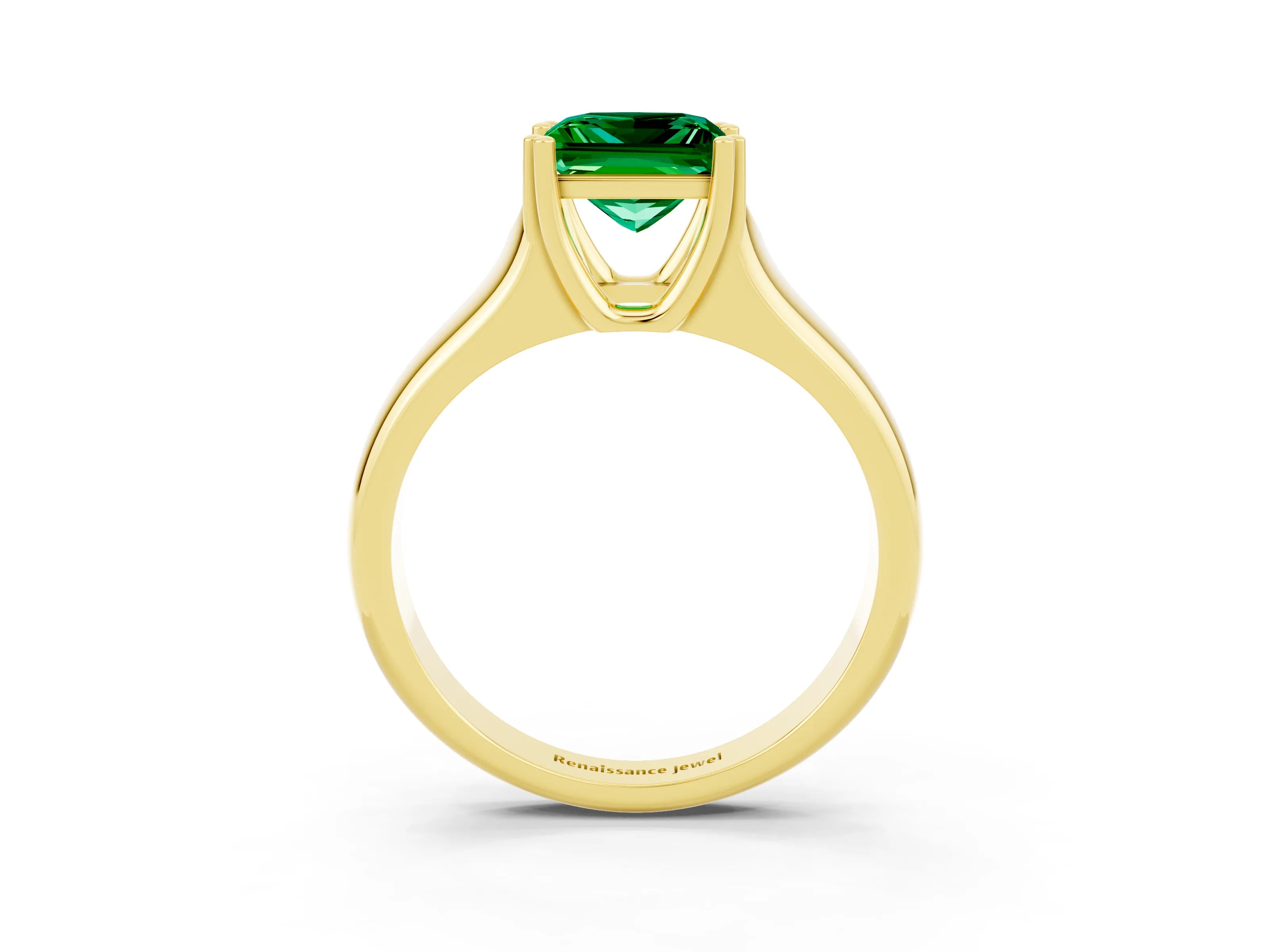 Yellow gold Princess Cut Emerald Solitaire Ring with Wide Band and Prong Setting_3