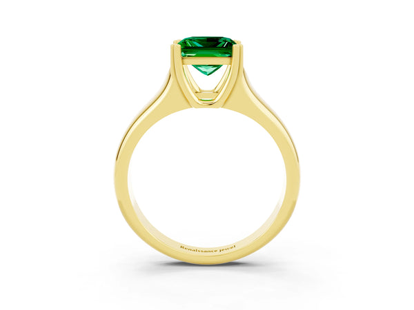 Yellow gold Princess Cut Emerald Solitaire Ring with Wide Band and Prong Setting