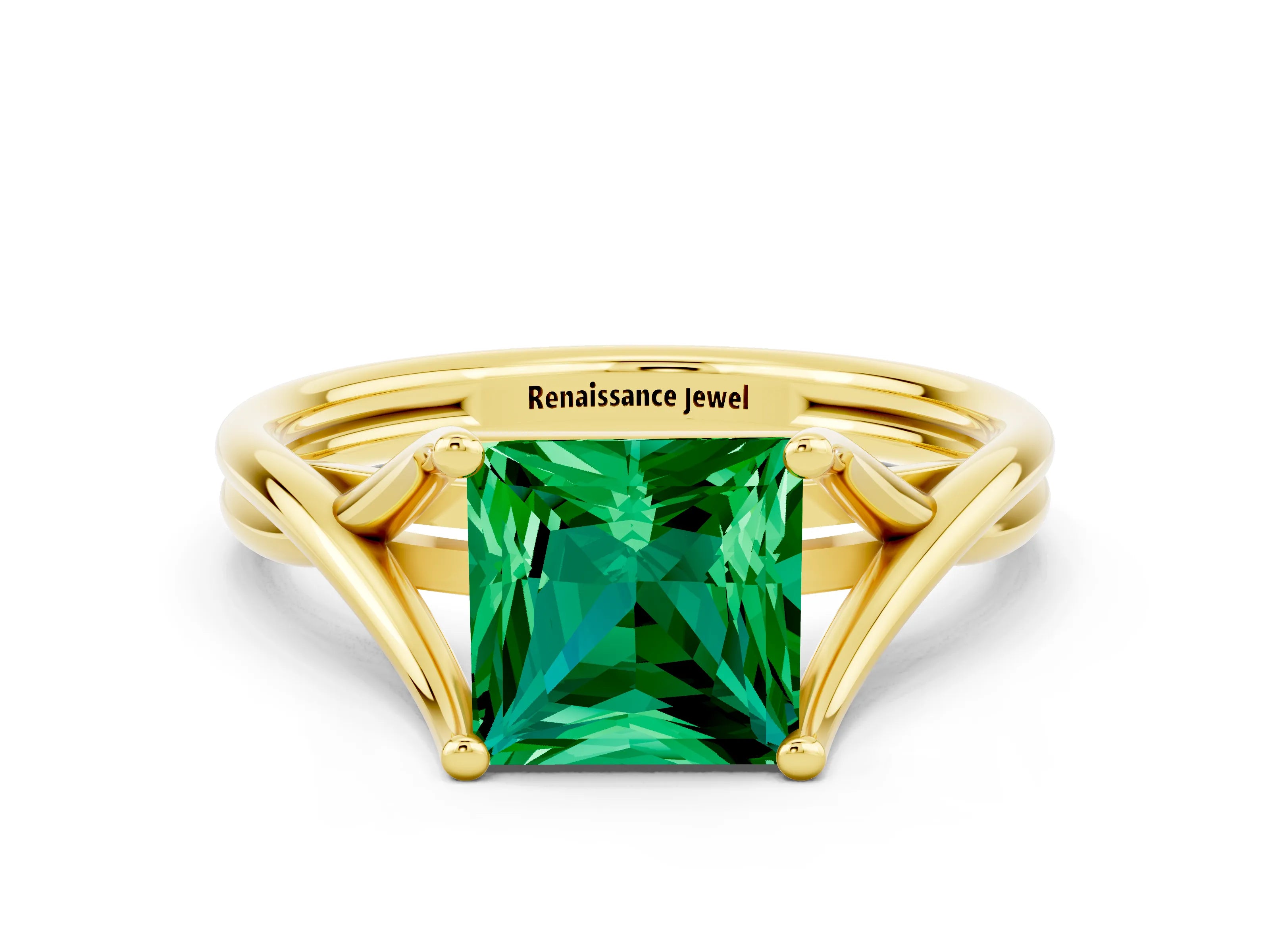 Yellow gold Princess Cut Emerald Solitaire Twist Band Prong Setting Ring_59