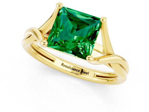 Yellow gold Princess Cut Emerald Solitaire Twist Band Prong Setting Ring_60