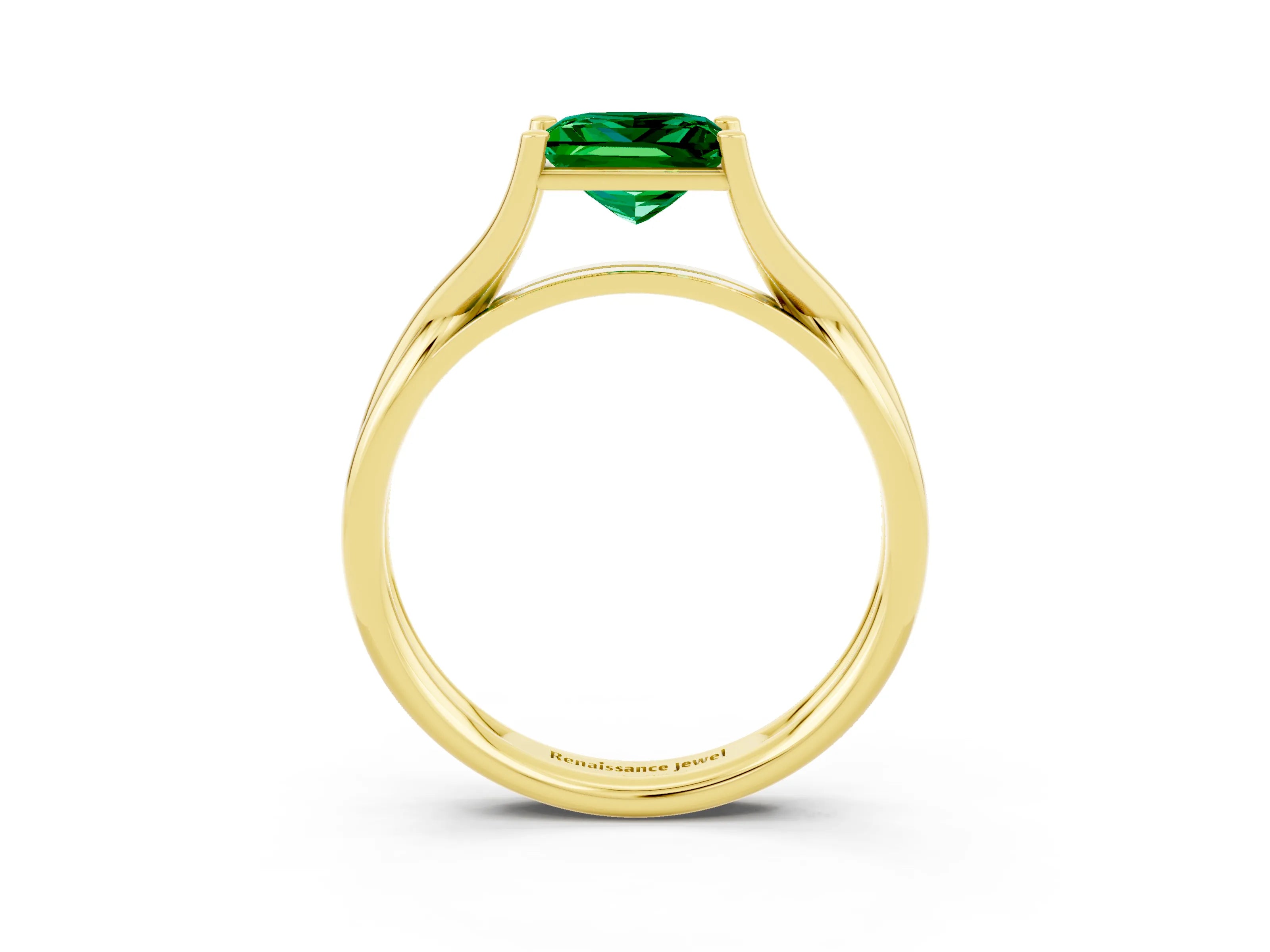 Yellow gold Princess Cut Emerald Solitaire Twist Band Prong Setting Ring_62
