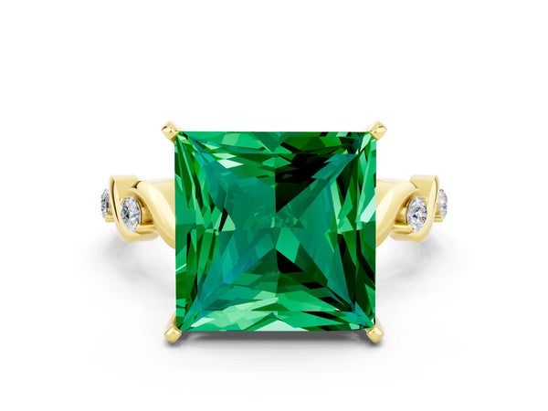 Yellow gold Princess Cut Emerald Solitaire Twisted Band with Round  Accents and Prong Setting