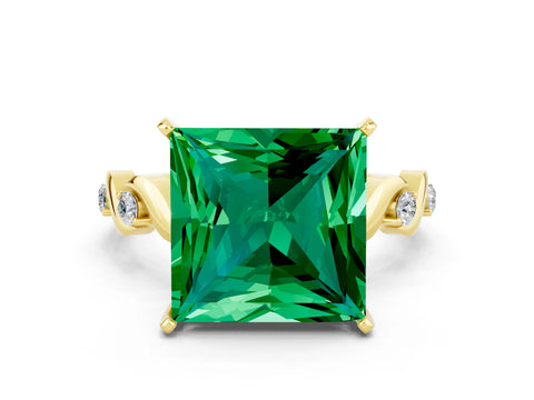 Yellow gold Princess Cut Emerald Solitaire Twisted Band with Round  Accents and Prong Setting_12