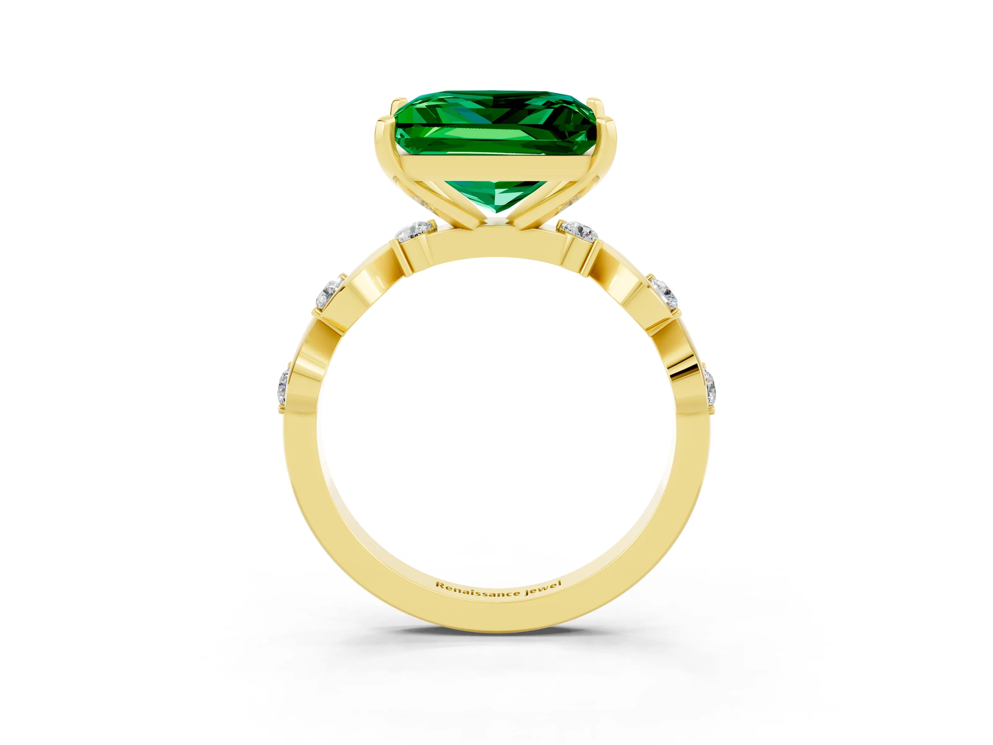 Yellow gold Princess Cut Emerald Solitaire Twisted Band with Round  Accents and Prong Setting_15