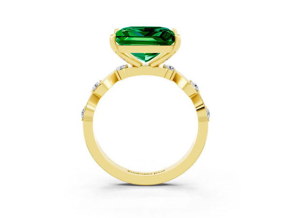 Yellow gold Princess Cut Emerald Solitaire Twisted Band with Round  Accents and Prong Setting