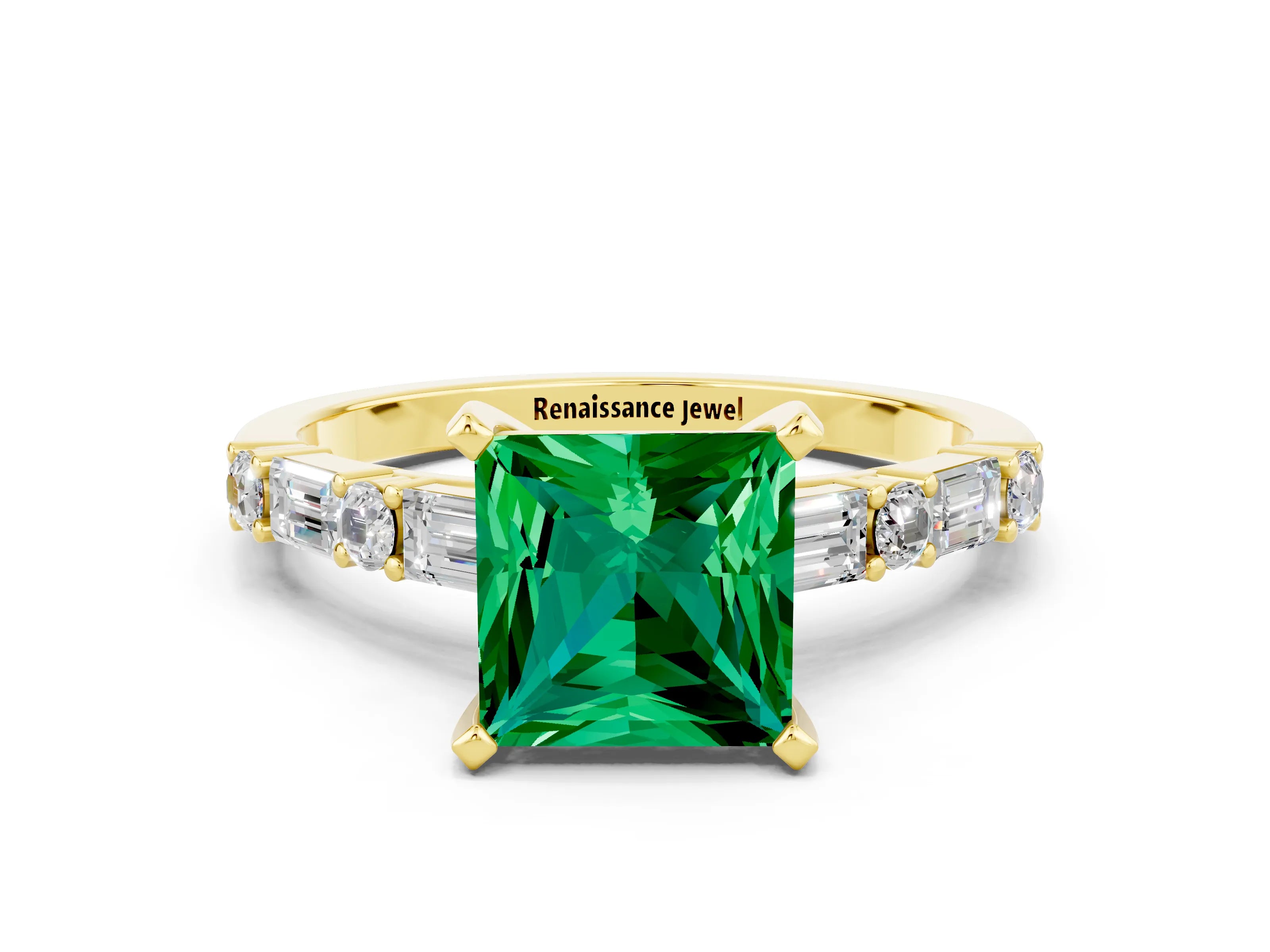 Yellow gold Princess Cut Emerald Solitaire with Side Baguettes and Channel Set Band
