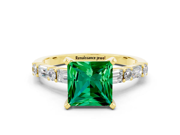 Yellow gold Princess Cut Emerald Solitaire with Side Baguettes and Channel Set Band