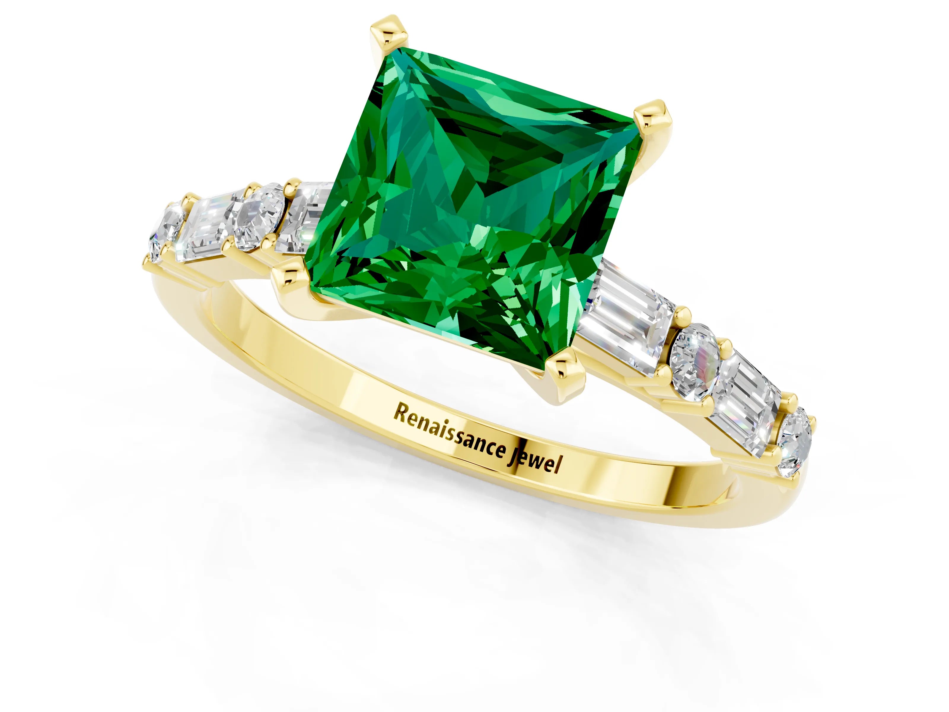 Yellow gold Princess Cut Emerald Solitaire with Side Baguettes and Channel Set Band_1