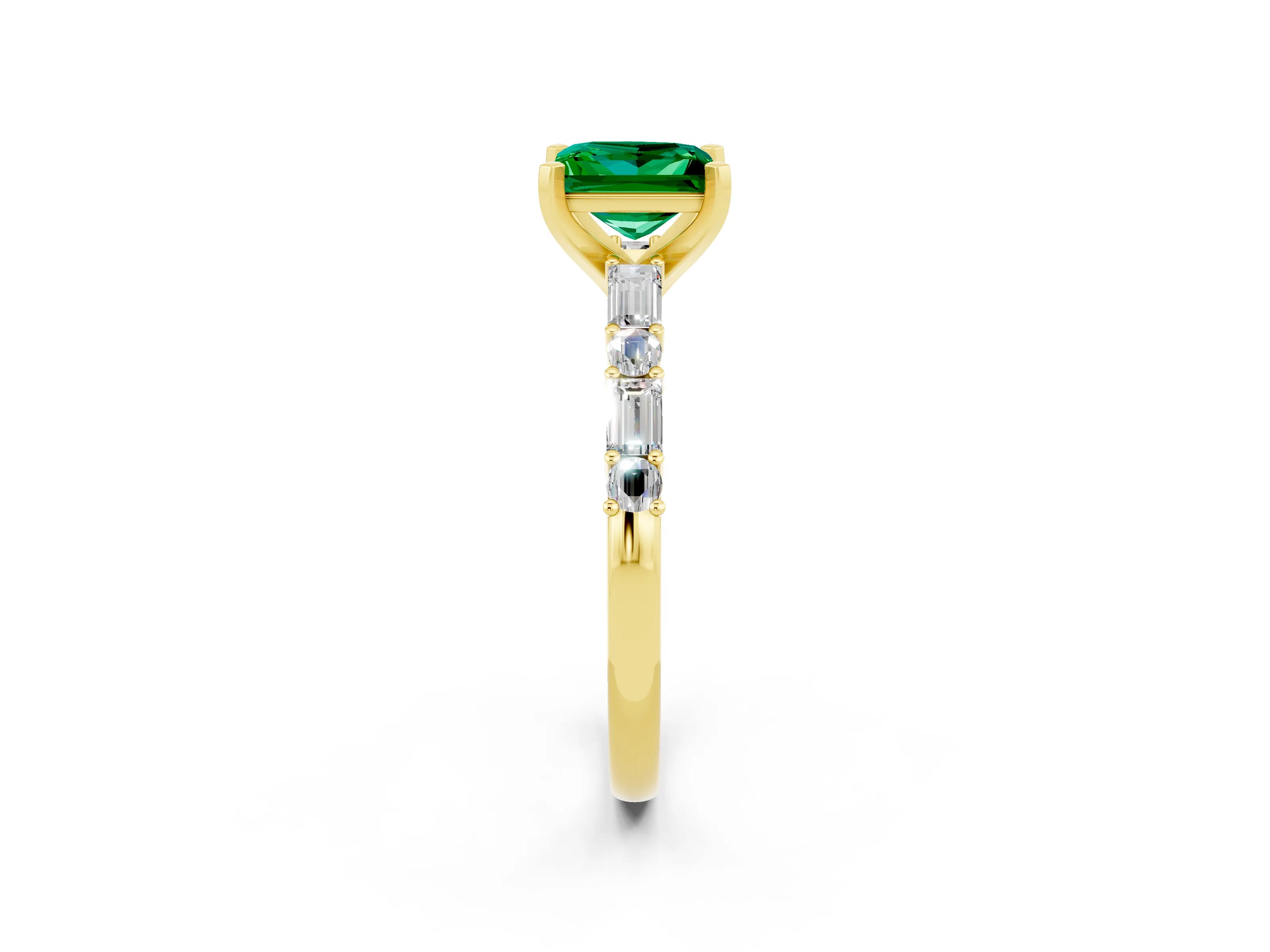 Yellow gold Princess Cut Emerald Solitaire with Side Baguettes and Channel Set Band_2