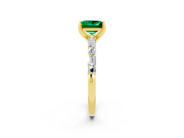Yellow gold Princess Cut Emerald Solitaire with Side Baguettes and Channel Set Band