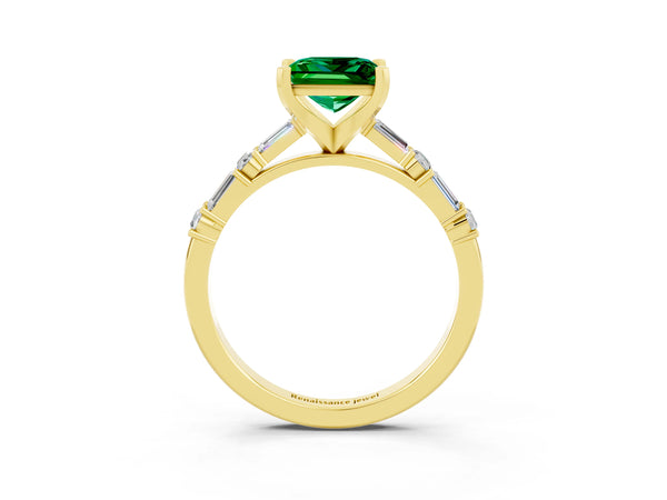 Yellow gold Princess Cut Emerald Solitaire with Side Baguettes and Channel Set Band