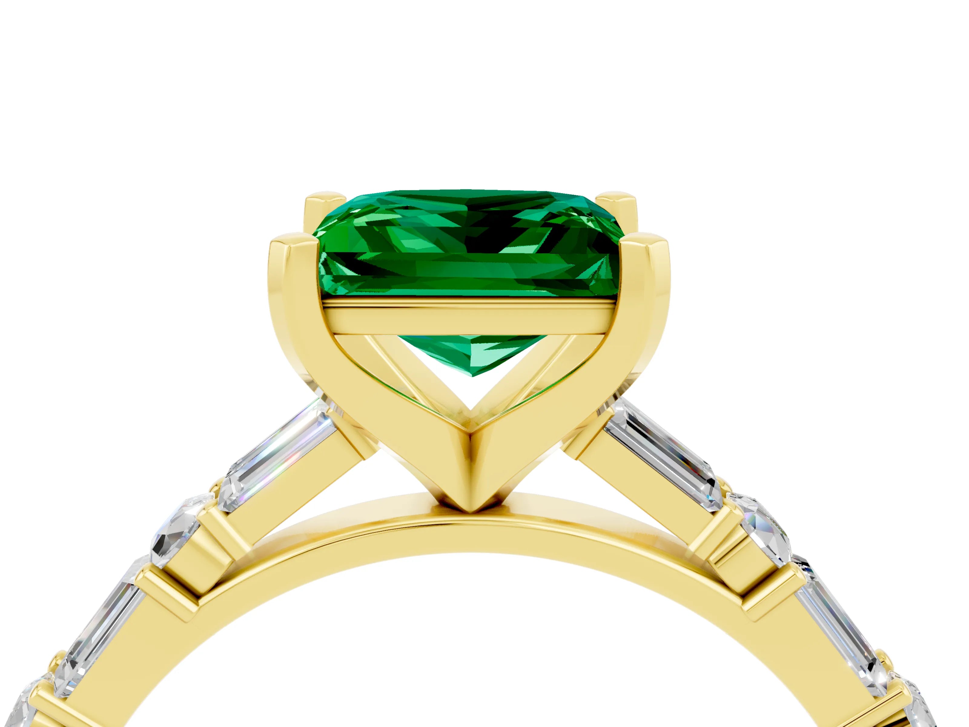 Yellow gold Princess Cut Emerald Solitaire with Side Baguettes and Channel Set Band_4