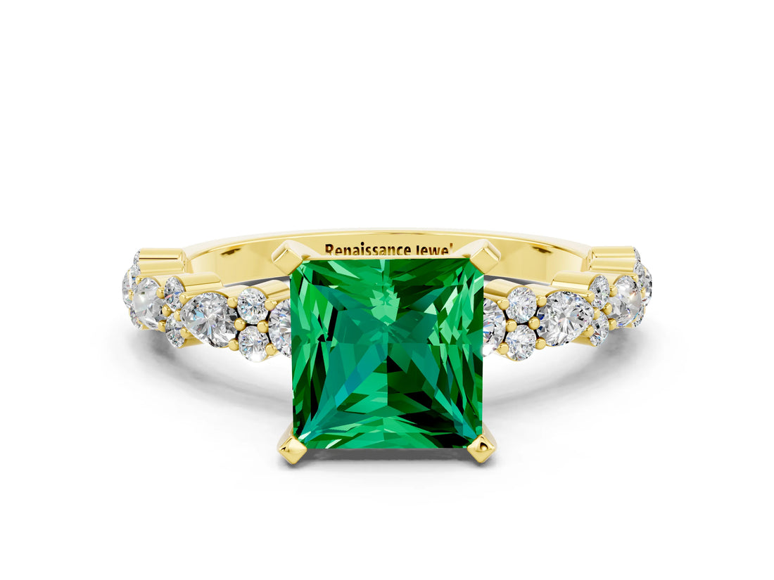 Yellow gold Princess Cut Emerald Solitaire with Side Stones, Pave Band, Four-Prong Setting_36