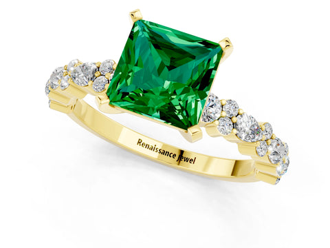 Yellow gold Princess Cut Emerald Solitaire with Side Stones, Pave Band, Four-Prong Setting_37
