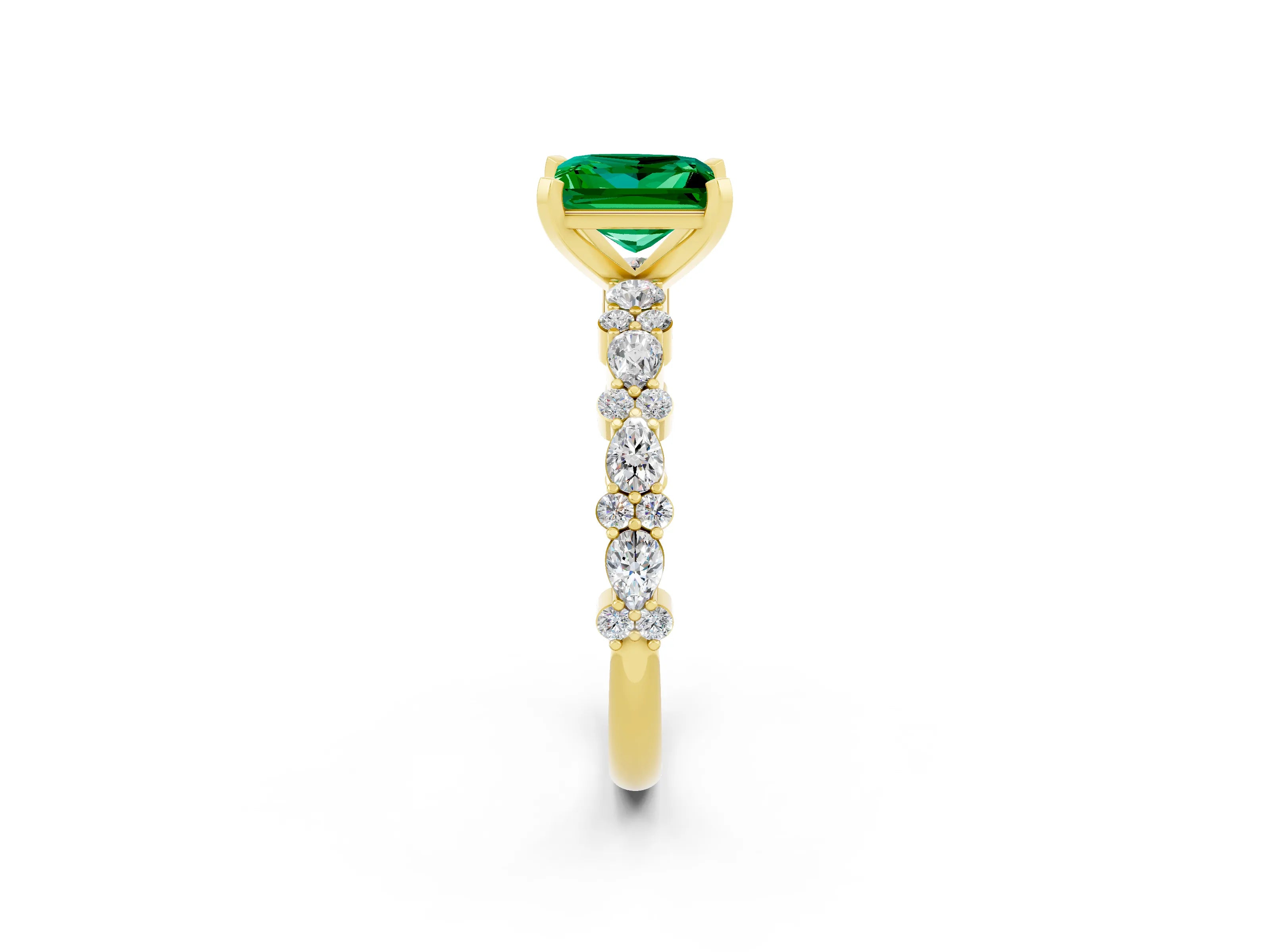 Yellow gold Princess Cut Emerald Solitaire with Side Stones, Pave Band, Four-Prong Setting_38