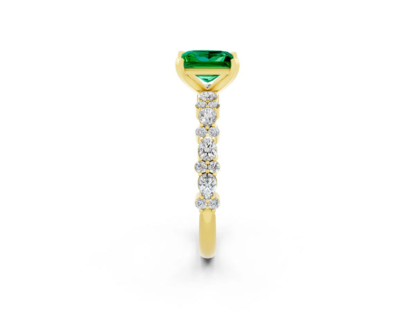 Yellow gold Princess Cut Emerald Side Stone Solitaire Ring with Round  and Four-Prong Setting