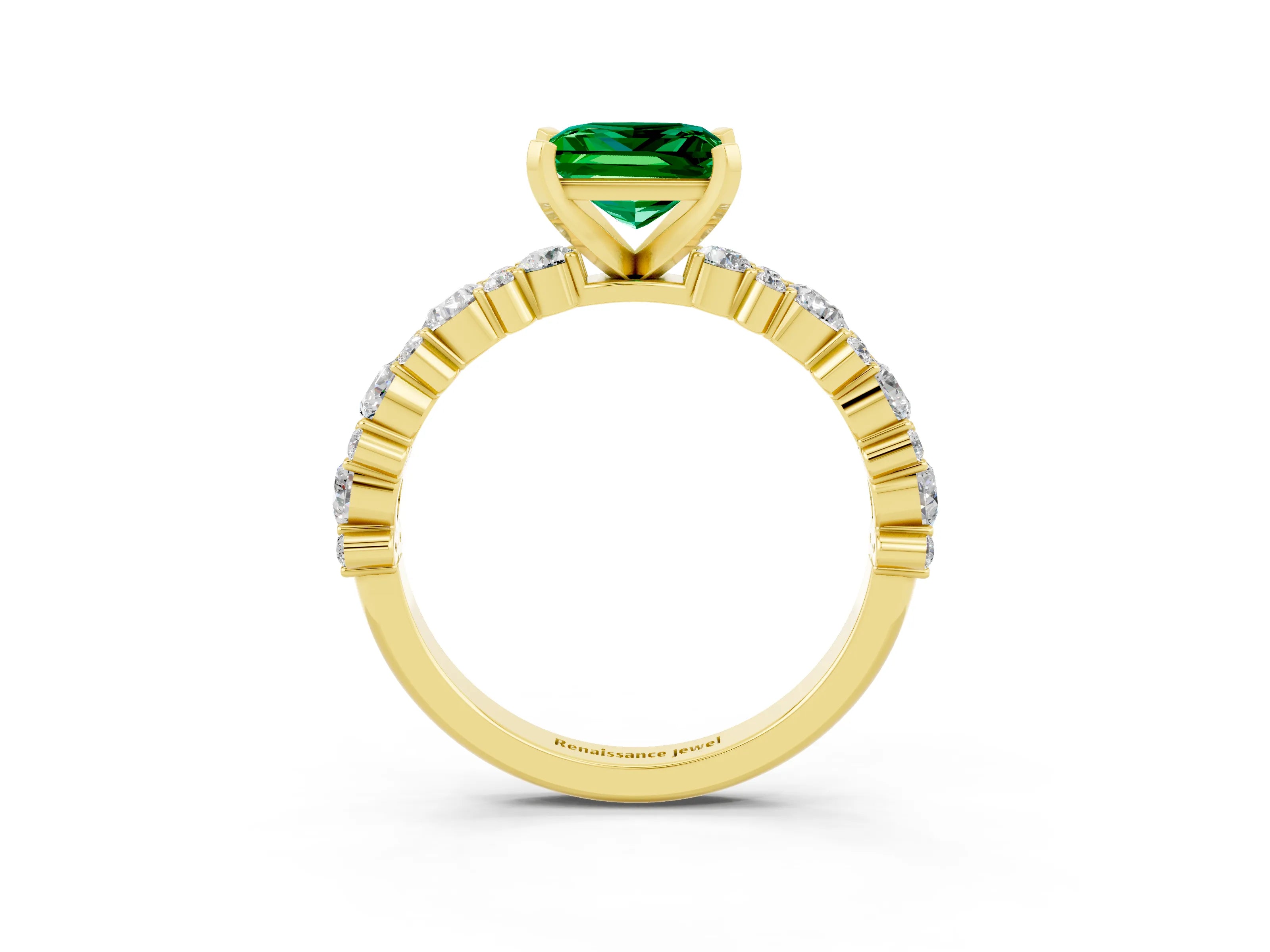 Yellow gold Princess Cut Emerald Solitaire with Side Stones, Pave Band, Four-Prong Setting_39