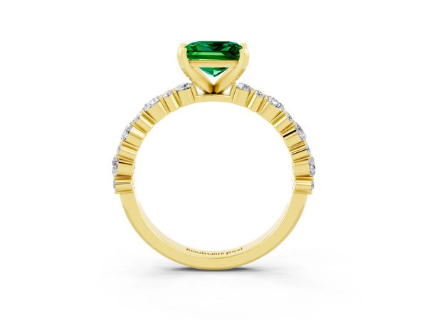 Yellow gold Princess Cut Emerald Side Stone Solitaire Ring with Round  and Four-Prong Setting