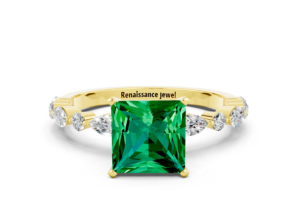 Yellow gold Princess Cut Emerald Ring with Marquise and Round  Side Stones and Four-Prong Setting