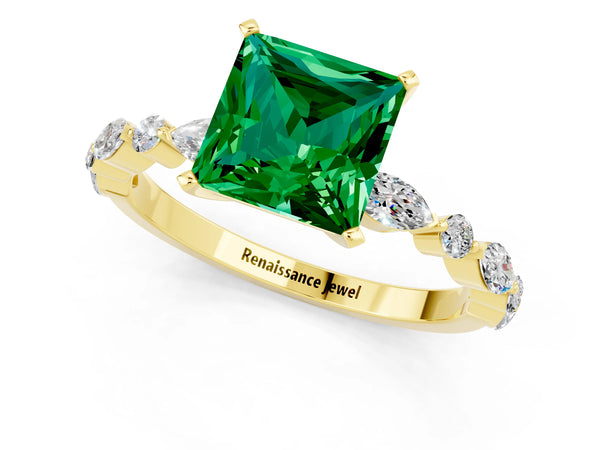 Yellow gold Princess Cut Emerald Ring with Marquise and Round  Side Stones and Four-Prong Setting
