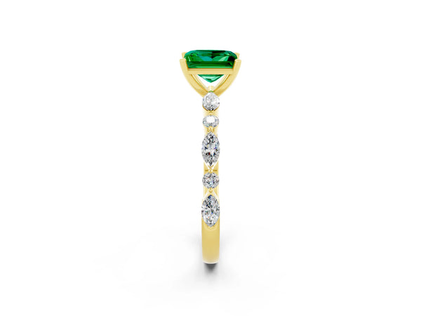 Yellow gold Princess Cut Emerald Ring with Marquise and Round  Side Stones and Four-Prong Setting