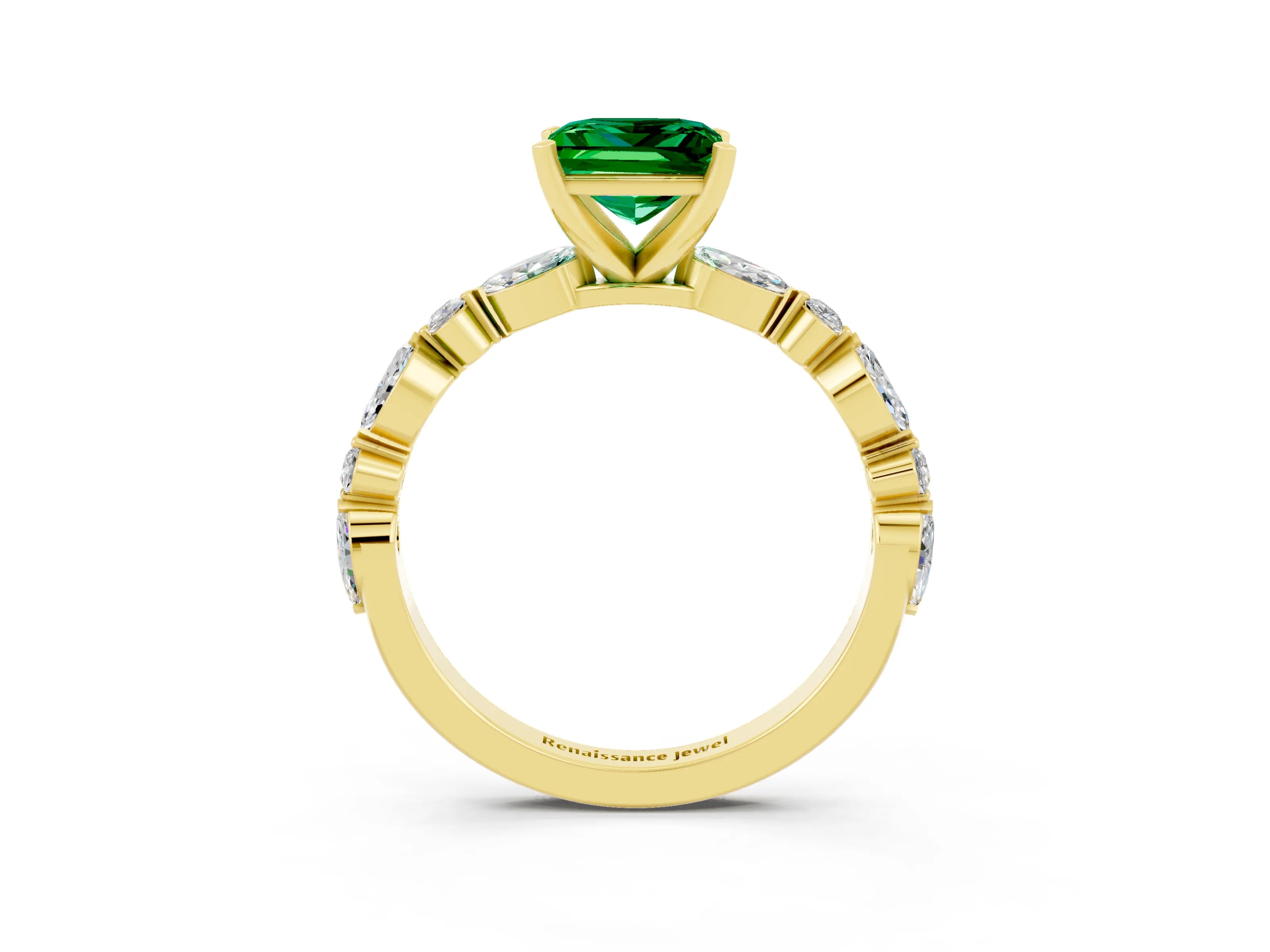 Yellow gold Princess Cut Emerald Solitaire with Side Stones on a Pavé Band and Four-Prong Setting_3