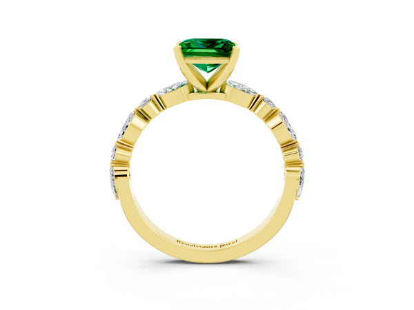 Yellow gold Princess Cut Emerald Ring with Marquise and Round  Side Stones and Four-Prong Setting