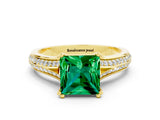 Yellow gold Princess Cut Emerald Split Shank Engagement Ring with Pavé Band