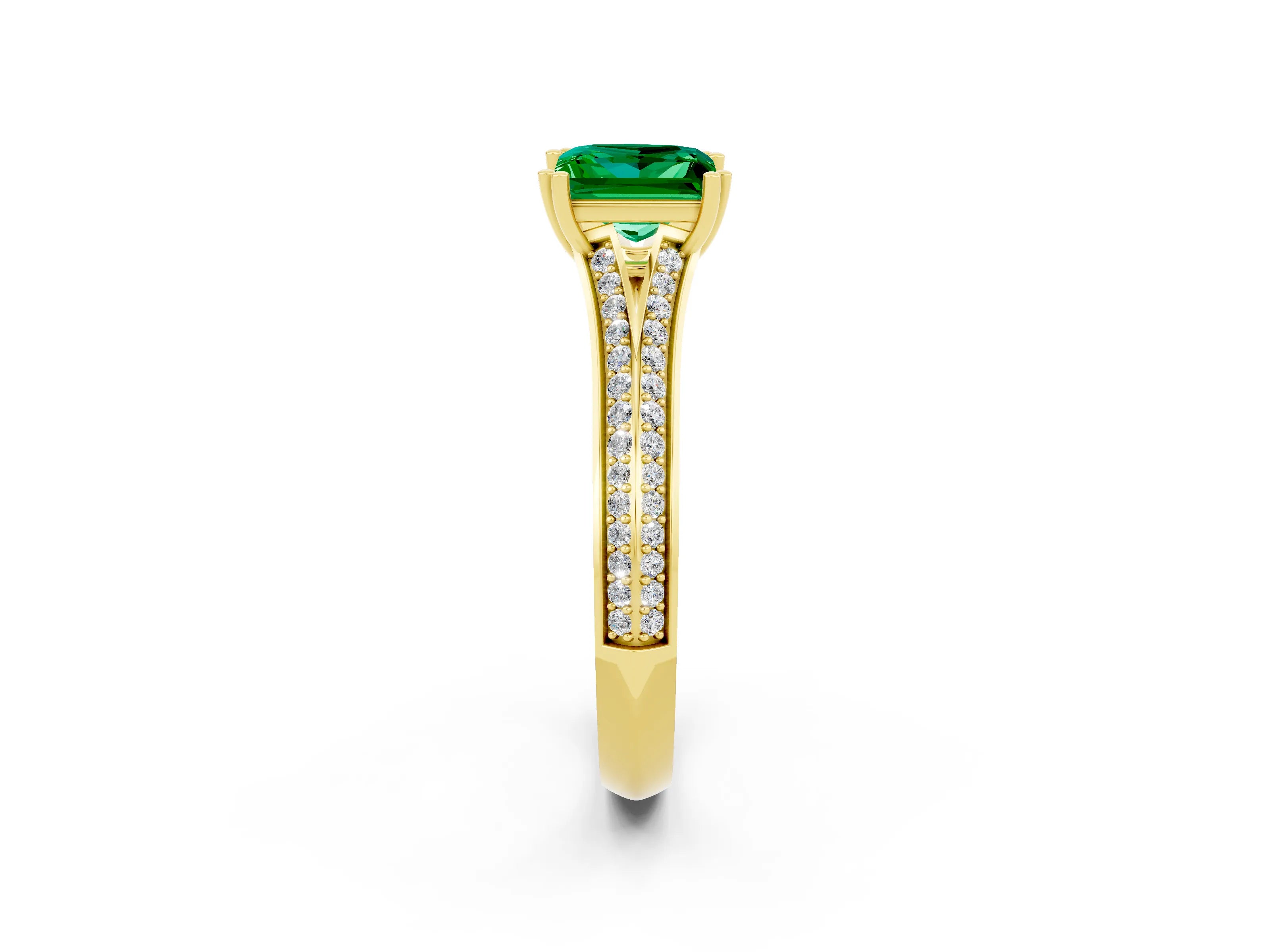 Yellow gold Princess Cut Emerald Split Shank Engagement Ring with Pavé Band_2