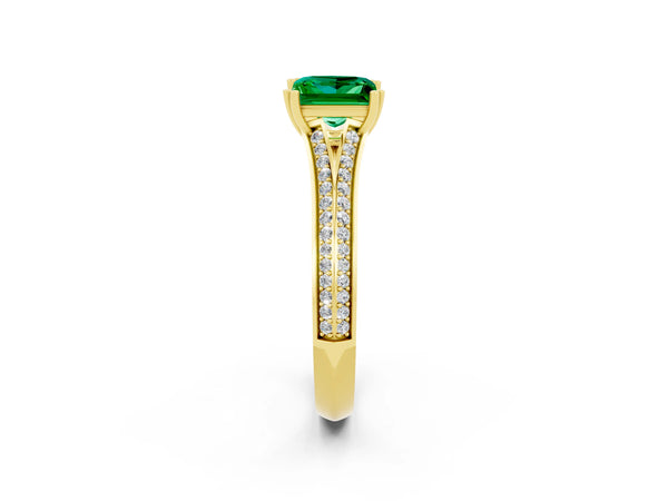 Yellow gold Princess Cut Emerald Split Shank Engagement Ring with Pavé Band